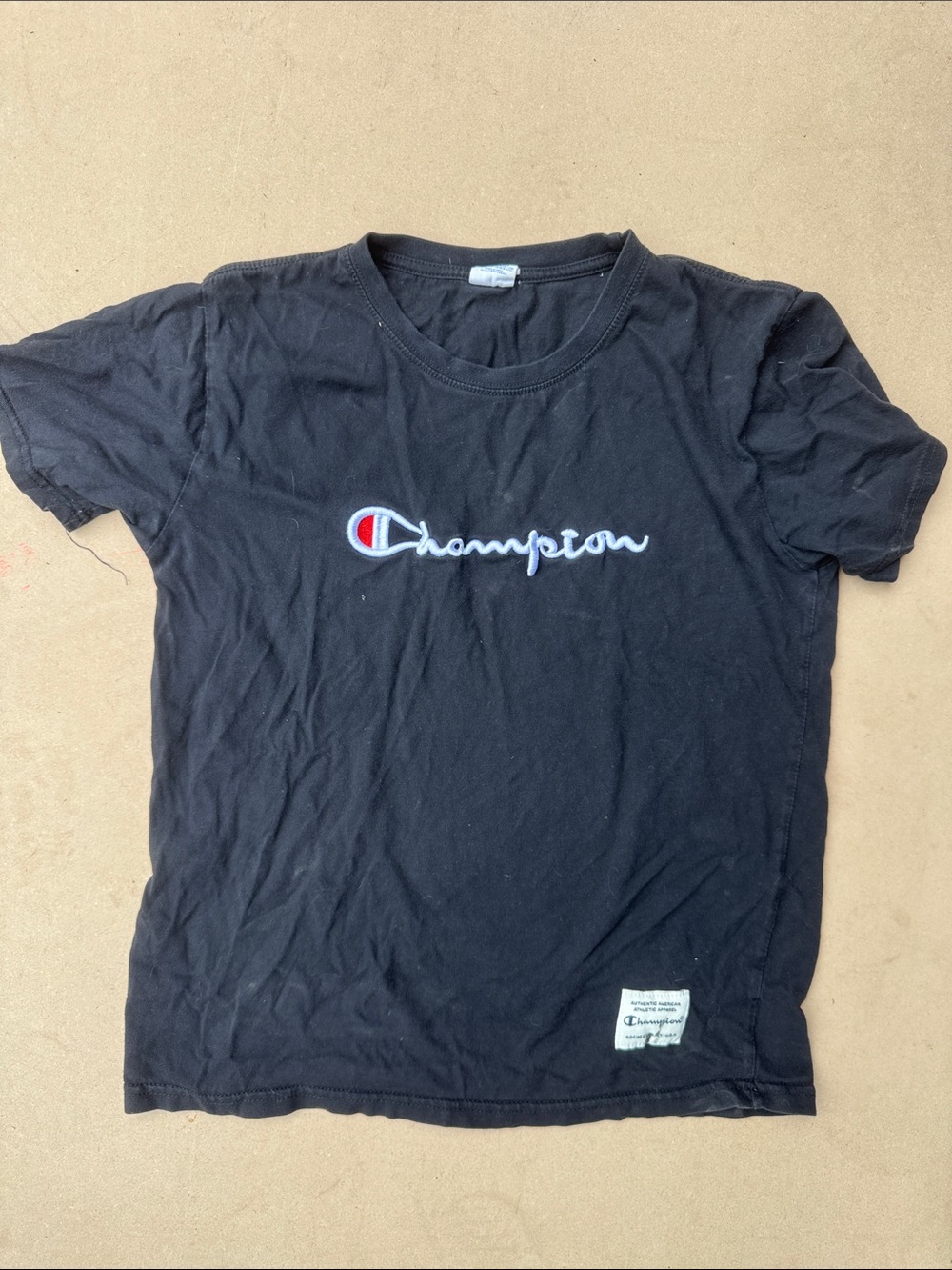 Champion Black Tee with Red & White Script Logo